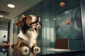 An office dog fetching a toy during a quick break in the conference room work office