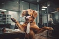 An office dog showing off impressive tricks during a team building activity work office Royalty Free Stock Photo