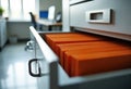 Office drawer partially open revealing orange file folders inside Royalty Free Stock Photo