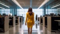 Elegant businesswoman with impeccable style walks in the office. Generative AI