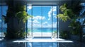 Office elevator doors open to reveal a serene beach scene and palm trees in this concept of office elevator vacations. Royalty Free Stock Photo