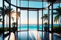 An office elevator-vacation concept: Stark elevator doors open to reveal a serene scene of palm trees, beach and ocean.