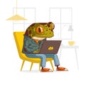 Office employee frog at work, vector illustration. Calm anthropomorphic frog