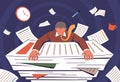 Office employee works with documents. Stressed man during deadline, completing project in hurry, flying papers pile, workload Royalty Free Stock Photo