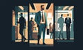 Office Entrance: Flat Vector Illustration of a Suited Man Standing at the Entry of a Busy Workplace. Professional Environment with