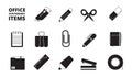 Office equipment icon. Stationary business items shredder keyboard folder paper pencils pens books journal vector black