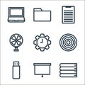 office equipment line icons. linear set. quality vector line set such as books, whiteboard, usb flash drive, focus, time, fan, Royalty Free Stock Photo