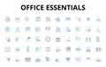 Office essentials linear icons set. Desk, Chair, Computer, Pen, Notebook, Stapler, Envelopes vector symbols and line