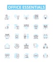 Office essentials vector line icons set. Desk, Chair, Pens, Printer, Paper, Computer, Mouse illustration outline concept Royalty Free Stock Photo