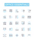 Office essentials vector line icons set. Desk, Chair, Pens, Printer, Paper, Computer, Mouse illustration outline concept Royalty Free Stock Photo