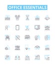 Office essentials vector line icons set. Desk, Chair, Pens, Printer, Paper, Computer, Mouse illustration outline concept Royalty Free Stock Photo