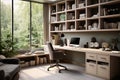 Office featuring a spacious desk with minimal decor, neutral color palette with bright accent hues to add liveliness and