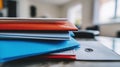 Office files stacked on desk, home background Royalty Free Stock Photo