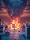 Office on fire with burning background and scattered debris, chaotic workplace scene Royalty Free Stock Photo
