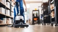 Office floor cleaning service with unrecognizable person and blurred office background
