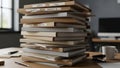 Office folders and documents sits piled on a desk in an office settin Royalty Free Stock Photo