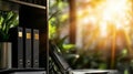Office folders and sunlit workspace with natural plants
