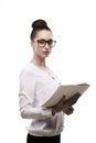 Office girl in glasses holds papers in hands isolated on white Royalty Free Stock Photo