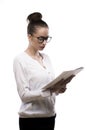 Office girl in glasses holds papers in hands isolated on white Royalty Free Stock Photo