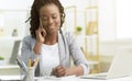 Office Girl Having Phone Conversation With Clients Sitting At Workplace Royalty Free Stock Photo