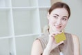 Office girl present credit card with smart chip Royalty Free Stock Photo