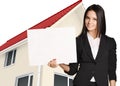 Office girl standing on background of country and Royalty Free Stock Photo