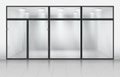 Office glass doors. Store windows. Front wall. Vitrine of commercial shop. Shopfront space. Display for retail. 3D room