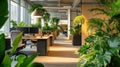 Office greenery showcasing lush tropical plants in a modern workspace creating a botanical environment Royalty Free Stock Photo