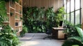 Office greenery showcasing lush tropical plants in a modern workspace creating a botanical environment Royalty Free Stock Photo