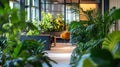 Office greenery showcasing lush tropical plants in a modern workspace creating a botanical environment Royalty Free Stock Photo