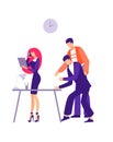 Office harassment problem illustration. Two male worker characters are trying to grossly pester girl employee. Royalty Free Stock Photo