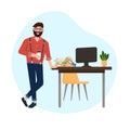 Office hipster clerk with coffee. Vector illustration in a flat style.