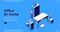 Office at home, isometric landing page, workplace