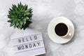 Office or home table desk. Lightbox text Hello monday, cup of coffee, succulent on marble background Concept Copy space Flat lay Royalty Free Stock Photo
