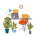 Office or home workplace with table, chair, computer, house plants and lamp, cartoon style. Trendy modern vector Royalty Free Stock Photo