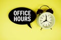 Office Hours text with speech bubble and magnifying glass on yellow background Royalty Free Stock Photo