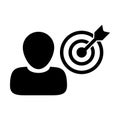 Office icon vector bullseye target dartboard with male user profile avatar symbol for business development goals in glyph