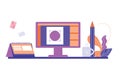 Office illustration. Desktop with an image of a computer, calendar, printing.
