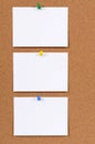 Blank white office index cards pinned to a cork notice board, copy space