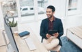 Office, Indian man at desk with tablet and smile at computer, reading good news email or successful sales report online