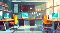 Office interior with business furniture, computers, and task notes on a blackboard in an empty cabinet. Modern cartoon Royalty Free Stock Photo