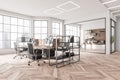 Office interior with cabinet and workspace with computer, window with city view Royalty Free Stock Photo