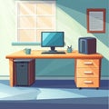 Office interior with desk and computer. Flat design. Vector illustration. Royalty Free Stock Photo
