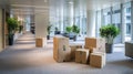 Office interior with moving boxes and plants creating a modern workspace atmosphere for relocation and organization Royalty Free Stock Photo