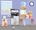 Office interior with multifunction Copier printer scanner, desk , clock near window. Copy machine with pile of documents, stack of