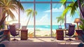 Office interior at a seaside company with palm trees behind large windows. Cartoon illustration of laptops and folders Royalty Free Stock Photo