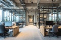 Modern Open-Plan Office Interior with Glass Partitions and Industrial Design Royalty Free Stock Photo