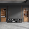 Office interior with sideboard and shelves with folders, mockup wall