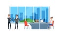 Office Interior with Working People Set, Male Partners Shaking Hands, Business Woman Working at Computer Cartoon Vector