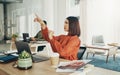 Office, invisible screen and business woman with finger for user interface, 3d hologram and ux mockup. Futuristic